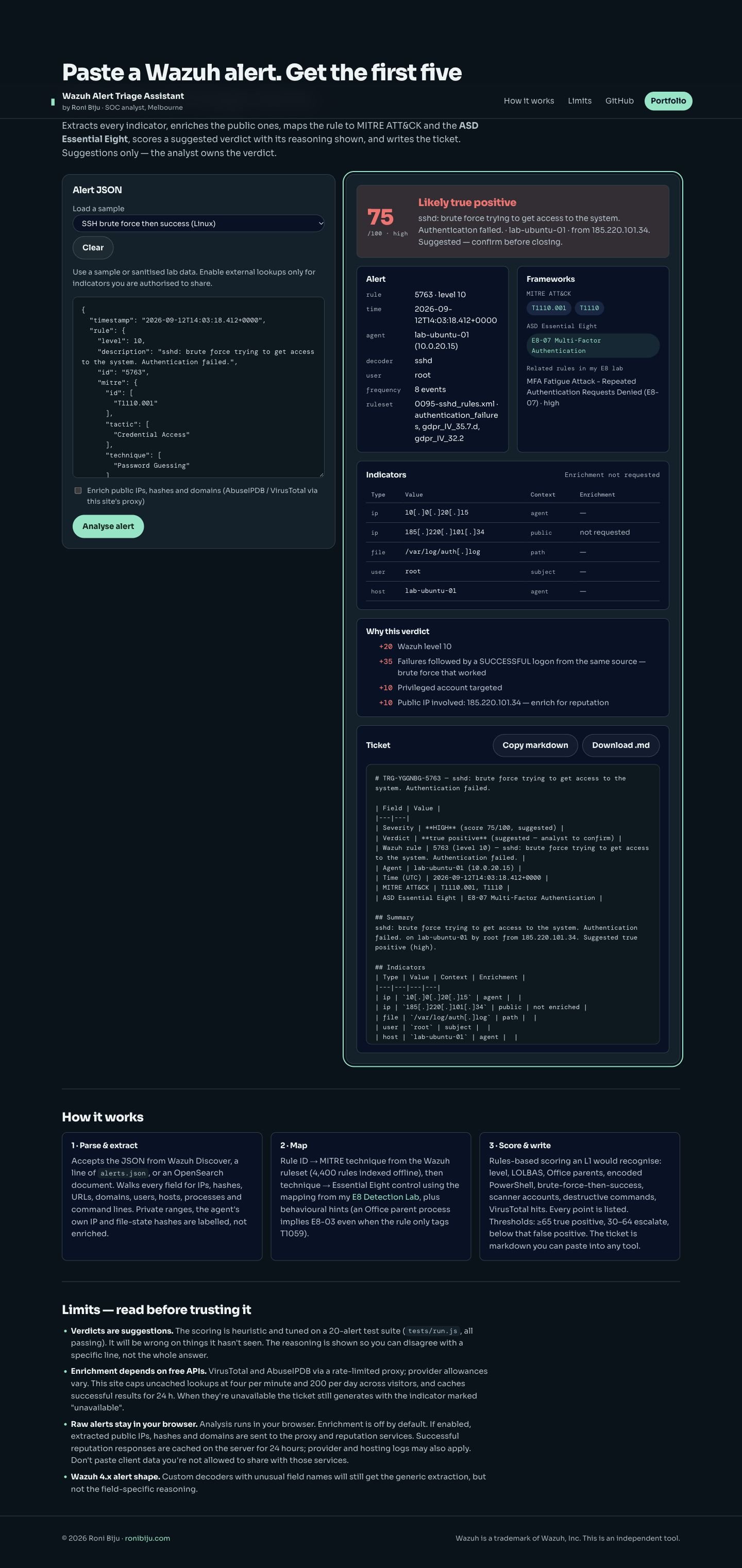 Actual triage tool output for the synthetic SSH sample, showing indicators and reasoning